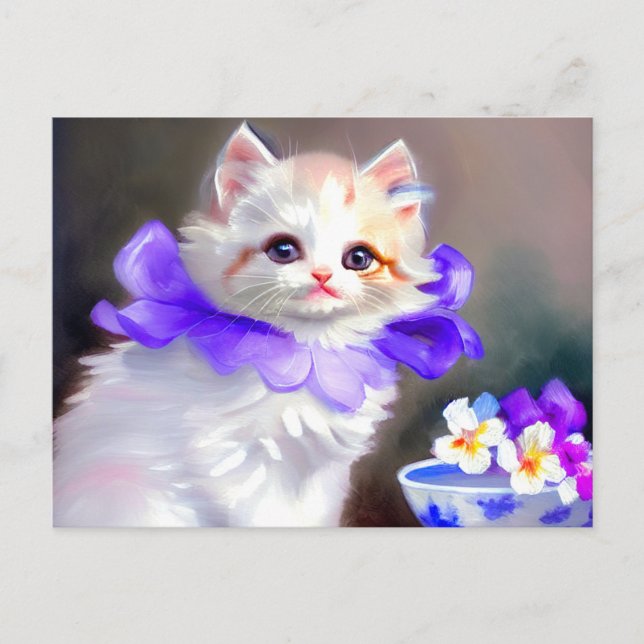 Weiße Katze mit Lila Blume Collar Painting Postkarte (Vorderseite)