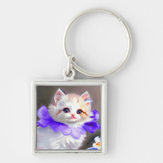 Weiße Katze mit Lila Blume Collar Painting Schlüsselanhänger (Vorne)