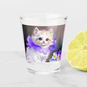 Weiße Katze mit Lila Blume Collar Painting Schnapsglas