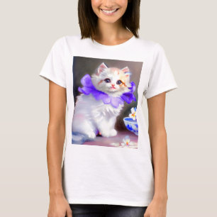 Weiße Katze mit Lila Blume Collar Painting T-Shirt