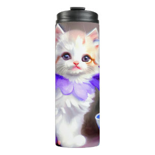 Weiße Katze mit Lila Blume Collar Painting Thermosbecher