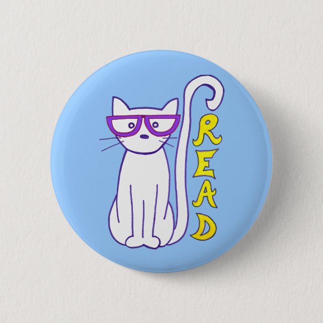 Weiße Katze mit Lila Brille mit Lesezeichen Button (Vorderseite)