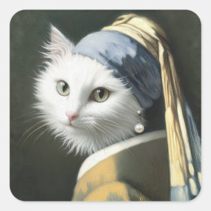 Weiße Katze mit Perlenohrmalerei Quadratischer Aufkleber