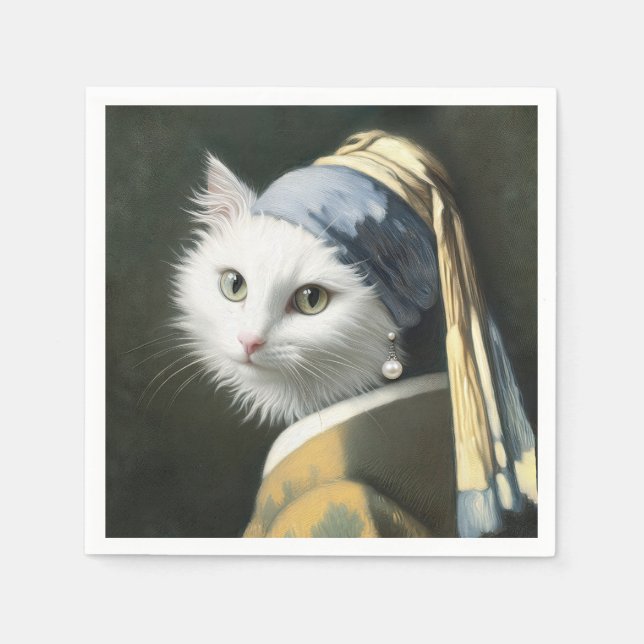 Weiße Katze mit Perlenohrmalerei Serviette (Vorderseite)