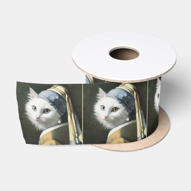 Weiße Katze mit Perlenportrait Satinband (Spule)