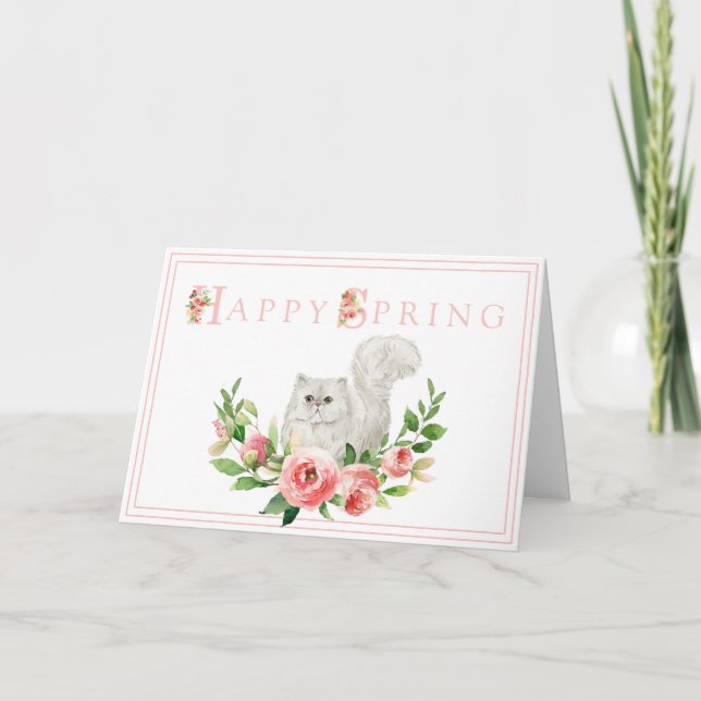 Weiße Katze mit rosa Blume Osterkarte Dankeskarte (Vorderseite)