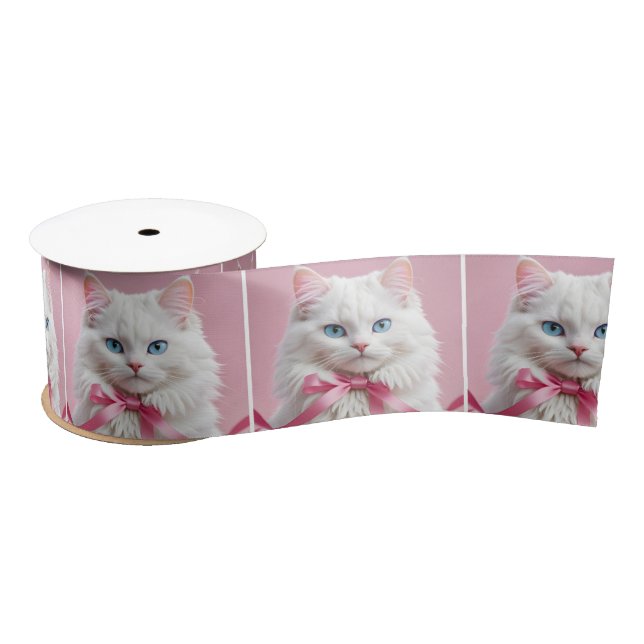 Weiße Katze mit rosa Mütze Satinband (Spule)