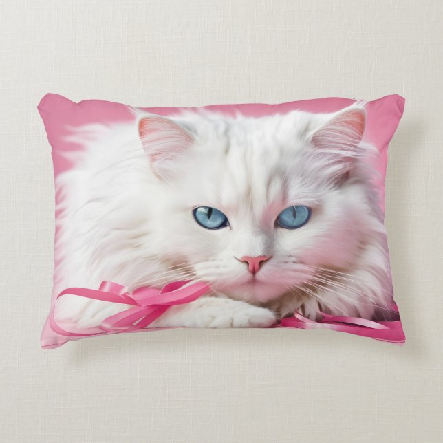 Weiße Katze mit rosa Ribbons Dekokissen (Vorderseite)