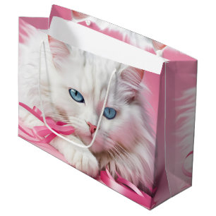 Weiße Katze mit rosa Ribbons Große Geschenktüte