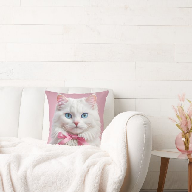 Weiße Katze mit rosa Ribbons Kissen (Liege)
