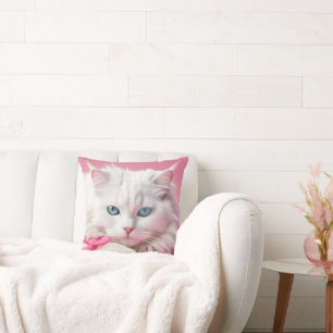 Weiße Katze mit rosa Ribbons Kissen