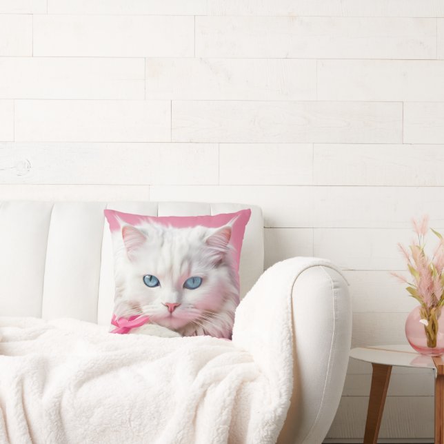 Weiße Katze mit rosa Ribbons Kissen (Liege)