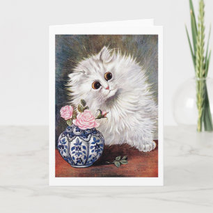Weiße Katze mit rosa Rosen, Louis Wain Karte