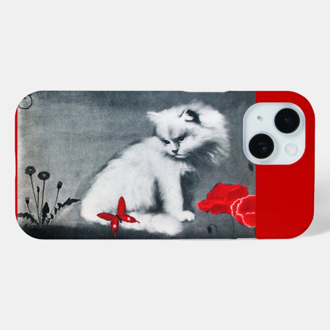 WEISSE KATZE MIT ROTER SCHALTFLÄCHE iPhone 15 HÜLLE (Rückseite (Horizontal))