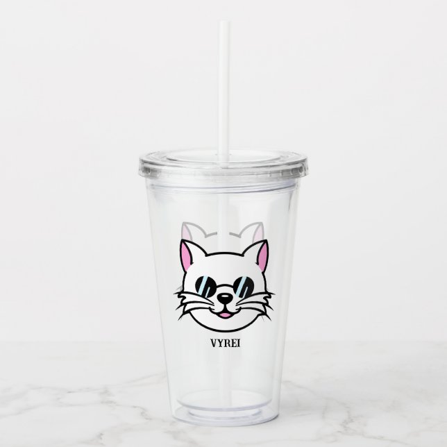 Weiße Katze mit schwarzer Brille / Sonnenbrille Acryltrinkbecher (Vorderseite)