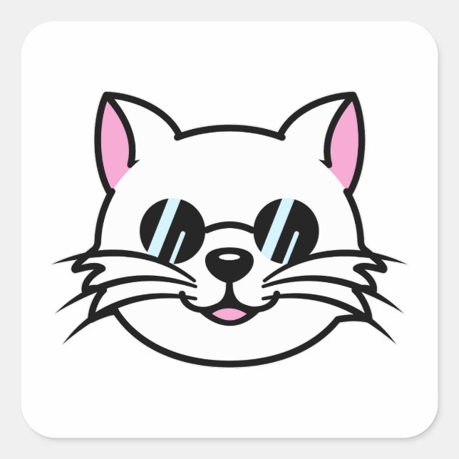 Weiße Katze mit schwarzer Brille / Sonnenbrille Quadratischer Aufkleber (Vorderseite)