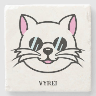 Weiße Katze mit schwarzer Brille / Sonnenbrille Steinuntersetzer