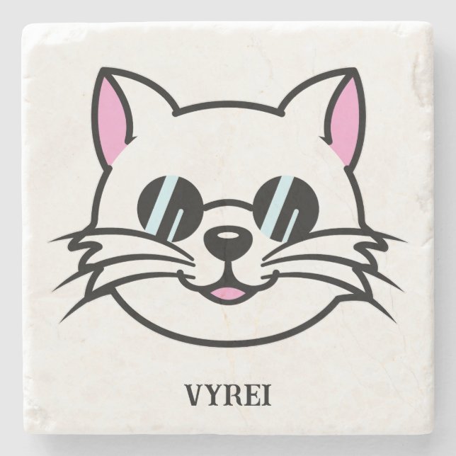 Weiße Katze mit schwarzer Brille / Sonnenbrille Steinuntersetzer (Vorderseite)
