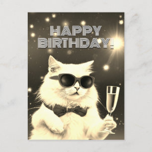 Weiße Katze mit Sonnenbrille zum Toasten am Geburt Postkarte