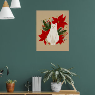 Weiße Katze mit Weihnachtsblättern - Klassik Poster