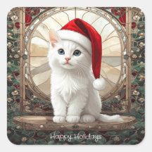 Weiße Katze mit Weihnachtsmannmütze Stickers