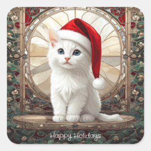 Weiße Katze mit Weihnachtsmannmütze Stickers