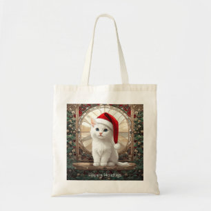 Weiße Katze mit Weihnachtsmannmütze Tragetasche