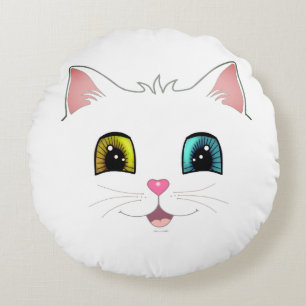 Weiße Katze mit zwei verschiedenfarbigen Augen Rundes Kissen