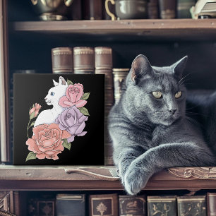 Weiße Katze Pastell-Blumen Schwarz Romantische Bot Fliese