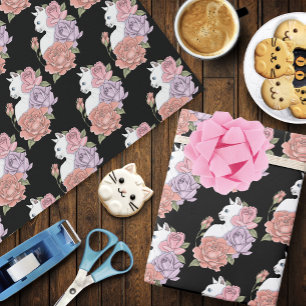 Weiße Katze Pastell-Blumen Schwarz Romantische Bot Geschenkpapier