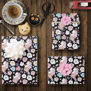 Weiße Katze Pastell Blumen Schwarz Romantische Bot Geschenkpapier Set