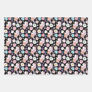 Weiße Katze Pastell Blumen Schwarz Romantische Bot Geschenkpapier Set