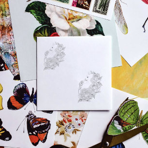 Weiße Katze Pastell-Blumen Schwarz Romantische Bot Gummistempel