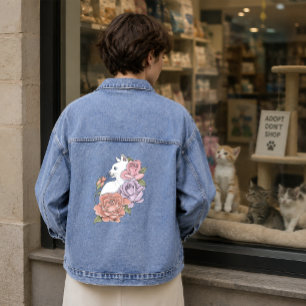 Weiße Katze Pastell-Blumen Schwarz Romantische Bot Jeansjacke