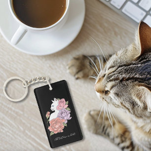 Weiße Katze Pastell-Blumen Schwarz Romantische Bot Schlüsselanhänger