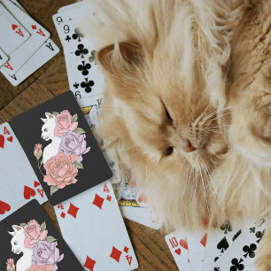 Weiße Katze Pastell-Blumen Schwarz Romantische Bot Spielkarten