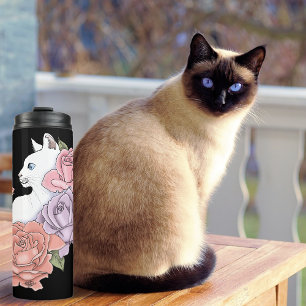 Weiße Katze Pastell-Blumen Schwarz Romantische Bot Thermosbecher