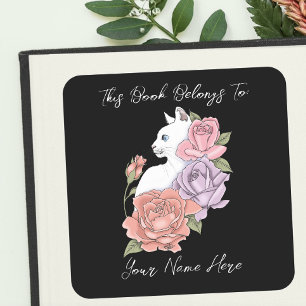 Weiße Katze Pastell Blumen Schwarzes Romantisches Quadratischer Aufkleber