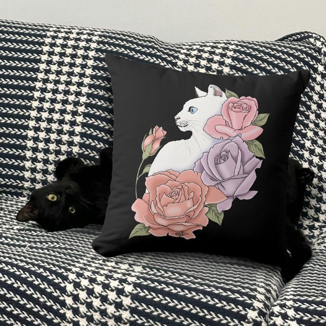 Weiße Katze Peach Lavendel Pink Roses Kissen (Von Creator hochgeladen)