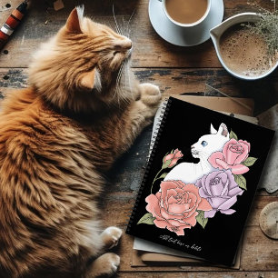 Weiße Katze Peach Lavendel Pink Roses Notizbuch