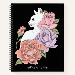 Weiße Katze Peach Lavendel Pink Roses Notizbuch