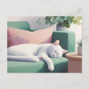 Weiße Katze Schlafen auf grünem Sofa / Katzen Lieb Postkarte