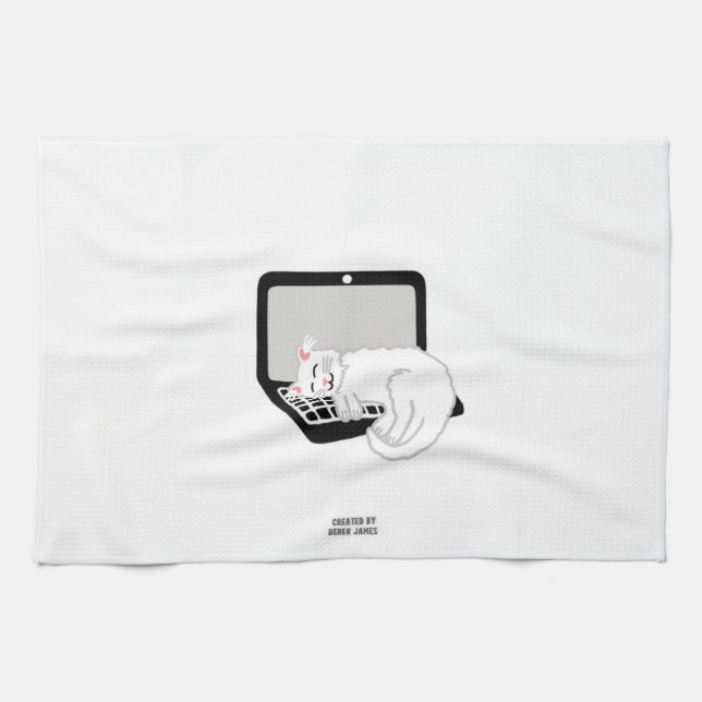 Weiße Katze Schlafen auf Laptop Küchentuch (Horizontal)