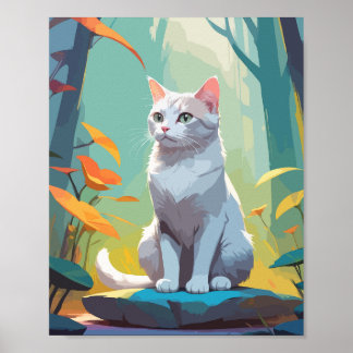 Weiße Katze sitzt auf einem Felsen im Wald Poster