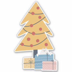 Weiße Katze unter Weihnachtsbaum präsentiert Gesch Aufkleber