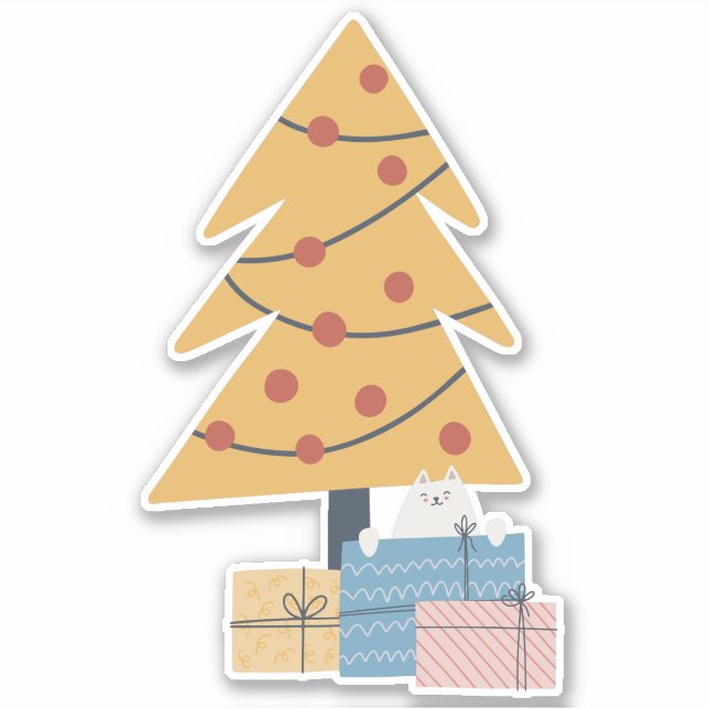 Weiße Katze unter Weihnachtsbaum präsentiert Gesch Aufkleber (Vorderseite)