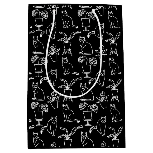 Weiße Katzen auf schwarz Mittlere Geschenktüte (Vorderseite)