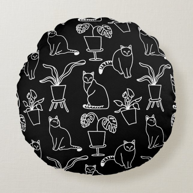 Weiße Katzen auf schwarz Rundes Kissen (Vorderseite)