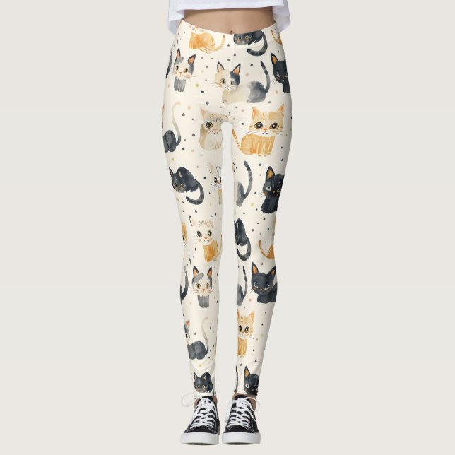 Weiße Katzen Muster Leggings (Vorderseite)