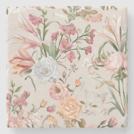 Weiße Katzen rosa Rosen floral Steinuntersetzer